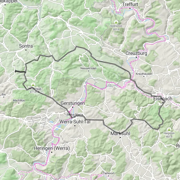 Map miniature of "Wartburg and Rübenberg Loop" cycling inspiration in Kassel, Germany. Generated by Tarmacs.app cycling route planner