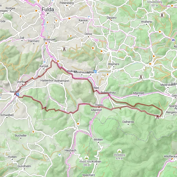 Map miniature of "Hidden Gems of Neuhof" cycling inspiration in Kassel, Germany. Generated by Tarmacs.app cycling route planner