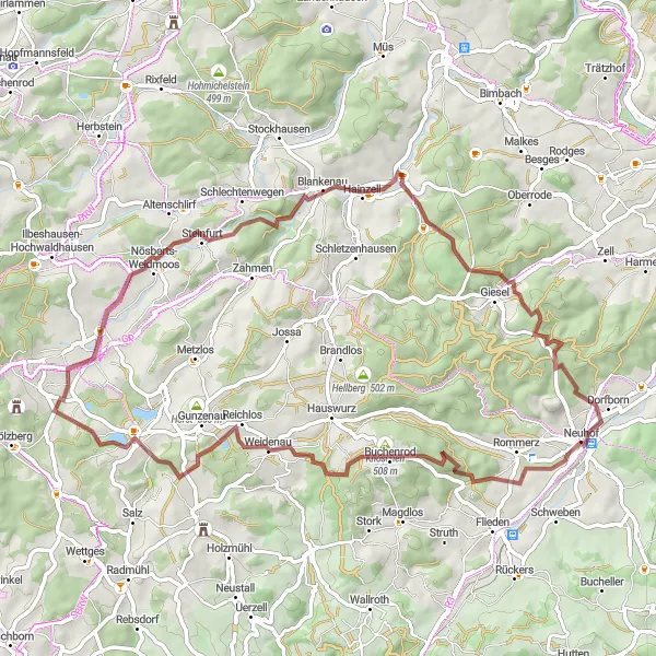 Map miniature of "Rommerz Trail" cycling inspiration in Kassel, Germany. Generated by Tarmacs.app cycling route planner