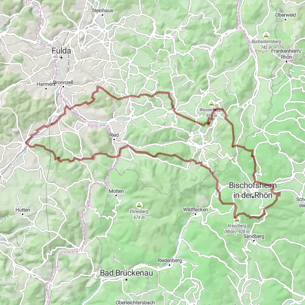 Map miniature of "Mountain Gravel Challenge" cycling inspiration in Kassel, Germany. Generated by Tarmacs.app cycling route planner