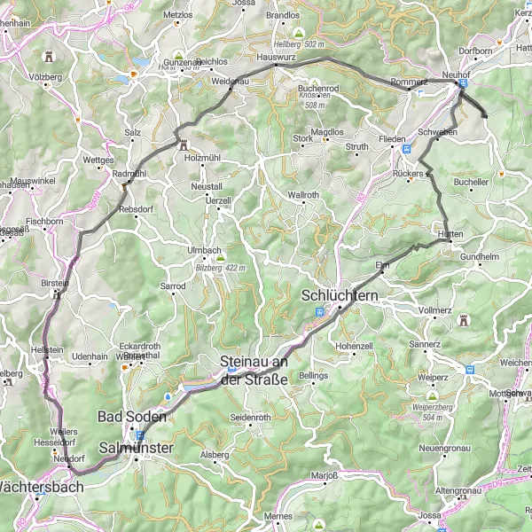 Map miniature of "Niederkalbach Exploration" cycling inspiration in Kassel, Germany. Generated by Tarmacs.app cycling route planner