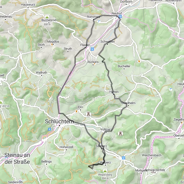 Map miniature of "The Scenic Route to Schlüchtern" cycling inspiration in Kassel, Germany. Generated by Tarmacs.app cycling route planner