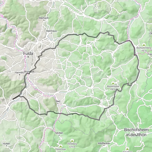 Map miniature of "Bronnzell Discovery" cycling inspiration in Kassel, Germany. Generated by Tarmacs.app cycling route planner