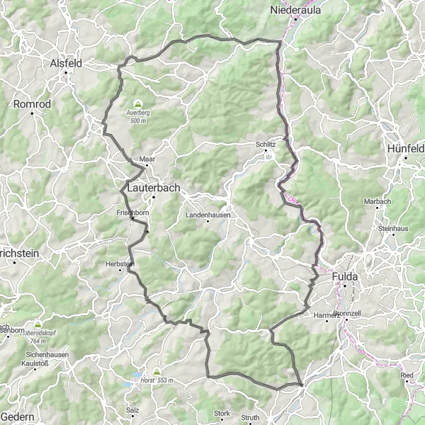 Map miniature of "Holler Hinterland Tour" cycling inspiration in Kassel, Germany. Generated by Tarmacs.app cycling route planner