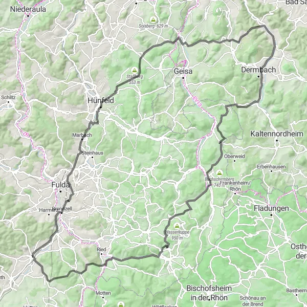 Map miniature of "The Rolling Hills of Neuhof" cycling inspiration in Kassel, Germany. Generated by Tarmacs.app cycling route planner