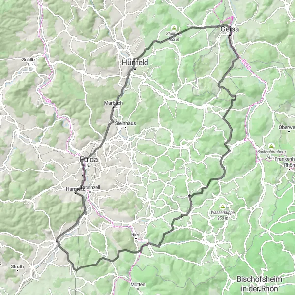 Map miniature of "The Hünfeld Adventure: Sauerberg and Ruine Ebersburg" cycling inspiration in Kassel, Germany. Generated by Tarmacs.app cycling route planner