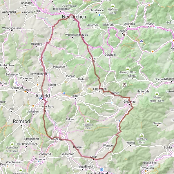 Map miniature of "The Ottrau Circuit" cycling inspiration in Kassel, Germany. Generated by Tarmacs.app cycling route planner