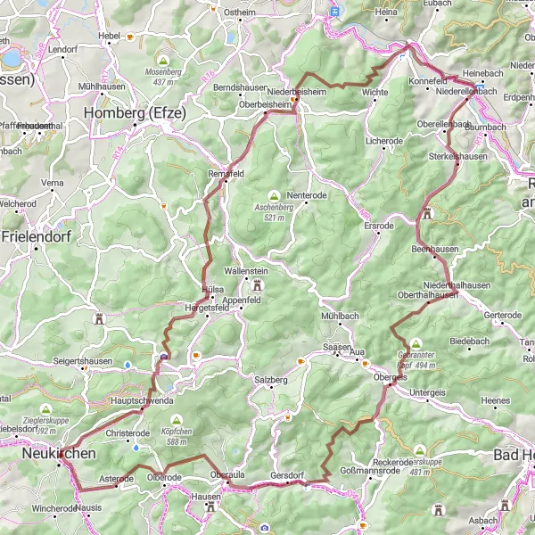 Map miniature of "The Knüllköpfchen Loop" cycling inspiration in Kassel, Germany. Generated by Tarmacs.app cycling route planner