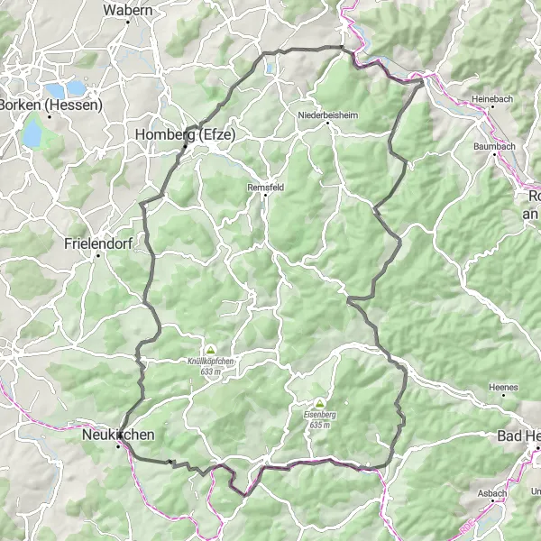 Map miniature of "The Judenstein Circuit" cycling inspiration in Kassel, Germany. Generated by Tarmacs.app cycling route planner