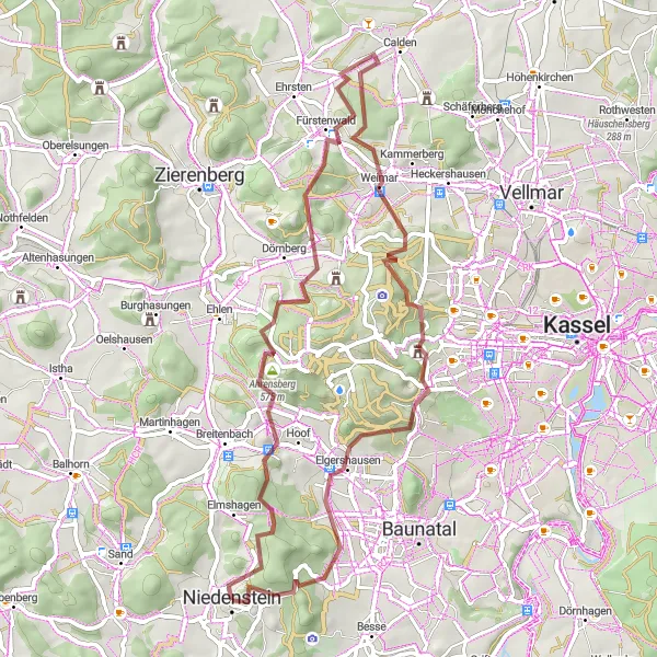 Karten-Miniaturansicht der Radinspiration "Schauenburg - Elgershausen Rundweg" in Kassel, Germany. Erstellt vom Tarmacs.app-Routenplaner für Radtouren