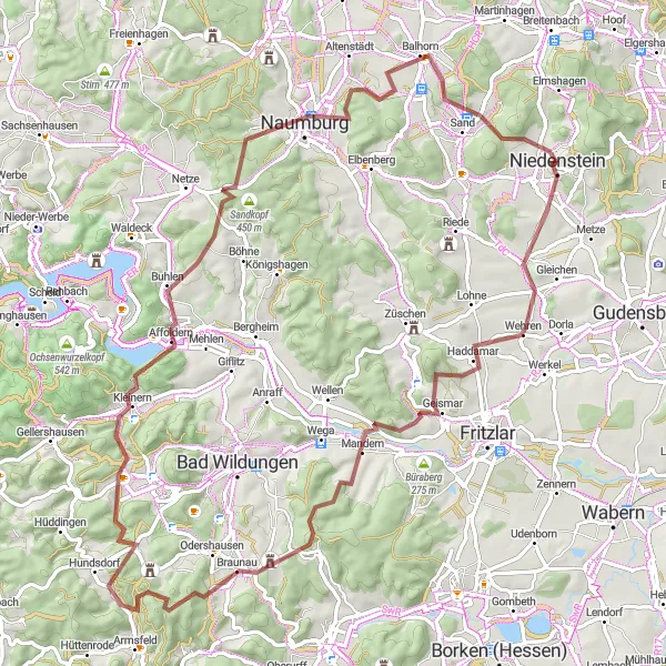 Karten-Miniaturansicht der Radinspiration "Gravel-Abenteuer rund um Niedenstein" in Kassel, Germany. Erstellt vom Tarmacs.app-Routenplaner für Radtouren