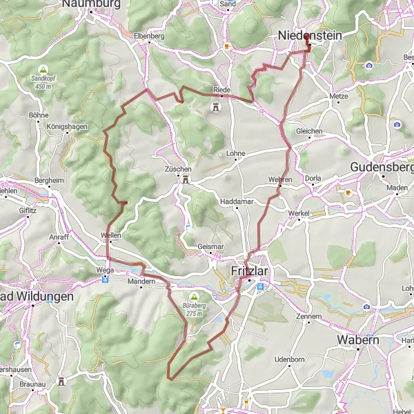 Karten-Miniaturansicht der Radinspiration "Bergiges Abenteuer rund um Niedenstein" in Kassel, Germany. Erstellt vom Tarmacs.app-Routenplaner für Radtouren