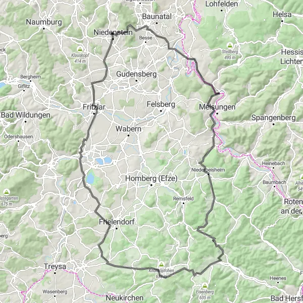 Karten-Miniaturansicht der Radinspiration "Melsungen - Fritzlar Rundweg" in Kassel, Germany. Erstellt vom Tarmacs.app-Routenplaner für Radtouren