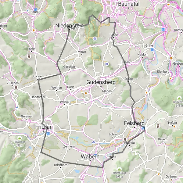 Karten-Miniaturansicht der Radinspiration "Rundtour um Niedenstein" in Kassel, Germany. Erstellt vom Tarmacs.app-Routenplaner für Radtouren