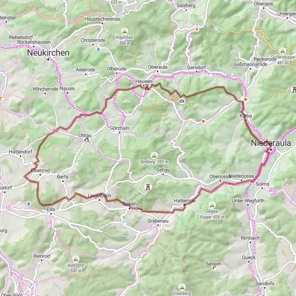 Map miniature of "Gravel Adventure to Hatterode" cycling inspiration in Kassel, Germany. Generated by Tarmacs.app cycling route planner