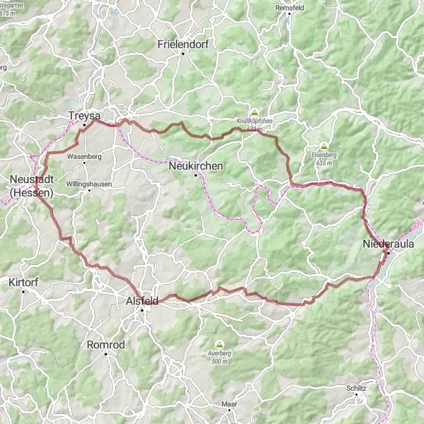 Map miniature of "Hidden Gems of Niederaula" cycling inspiration in Kassel, Germany. Generated by Tarmacs.app cycling route planner