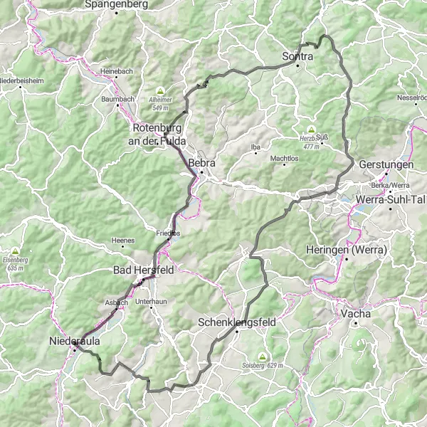 Map miniature of "Niederaula and Beyond" cycling inspiration in Kassel, Germany. Generated by Tarmacs.app cycling route planner