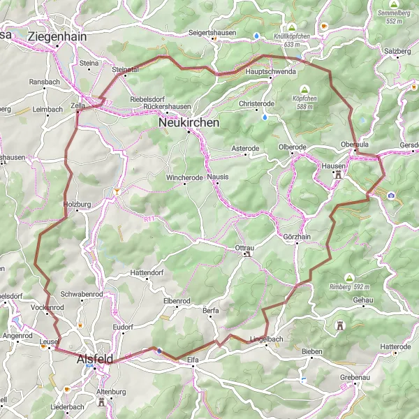 Map miniature of "Oberaula Gravel Adventure" cycling inspiration in Kassel, Germany. Generated by Tarmacs.app cycling route planner