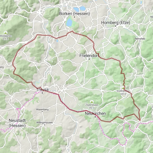 Map miniature of "Scenic Gravel Route to Schwalmstadt" cycling inspiration in Kassel, Germany. Generated by Tarmacs.app cycling route planner