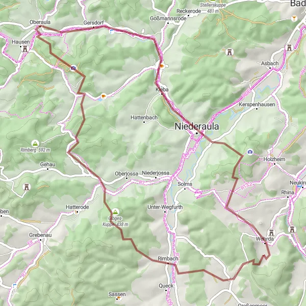 Map miniature of "Gibges-Kuppe Gravel Adventure" cycling inspiration in Kassel, Germany. Generated by Tarmacs.app cycling route planner