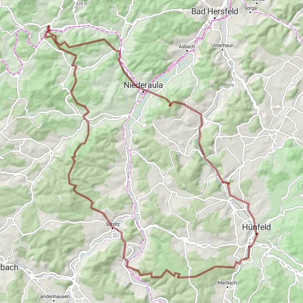 Map miniature of "Gravel Adventure in Oberaula" cycling inspiration in Kassel, Germany. Generated by Tarmacs.app cycling route planner