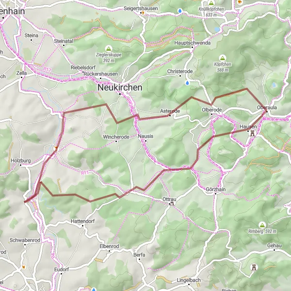 Map miniature of "Short Gravel Ride near Oberaula" cycling inspiration in Kassel, Germany. Generated by Tarmacs.app cycling route planner