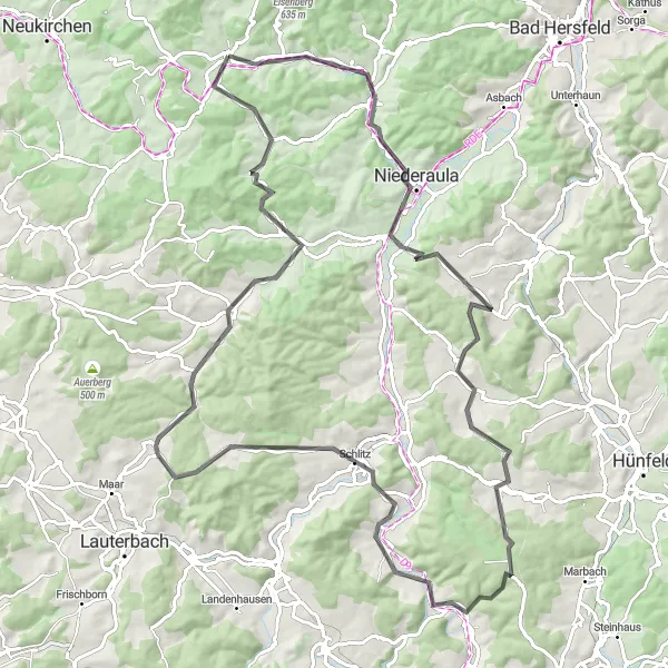 Map miniature of "Road Cycling Adventure from Oberaula" cycling inspiration in Kassel, Germany. Generated by Tarmacs.app cycling route planner