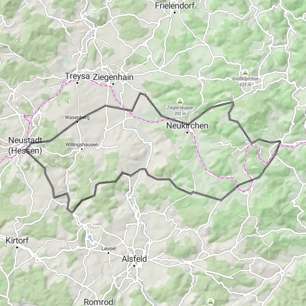 Map miniature of "The Hillside Adventure" cycling inspiration in Kassel, Germany. Generated by Tarmacs.app cycling route planner