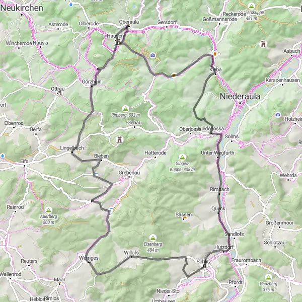 Map miniature of "Oberaula Round-trip Road Cycling Route" cycling inspiration in Kassel, Germany. Generated by Tarmacs.app cycling route planner