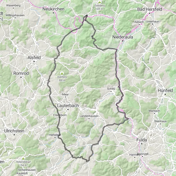 Map miniature of "Oberaula Round-trip Road Cycling Route" cycling inspiration in Kassel, Germany. Generated by Tarmacs.app cycling route planner