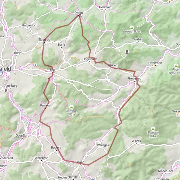 Map miniature of "Hills and Valleys Gravel Tour" cycling inspiration in Kassel, Germany. Generated by Tarmacs.app cycling route planner