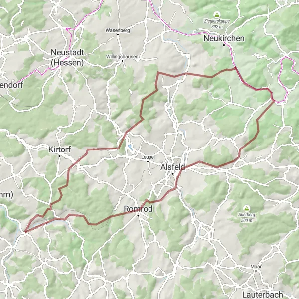 Map miniature of "Scenic Gravel Loop with Challenging Climbs" cycling inspiration in Kassel, Germany. Generated by Tarmacs.app cycling route planner
