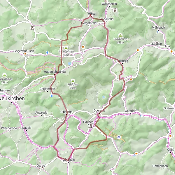 Map miniature of "The Gravel Adventure in the Knüll Mountains" cycling inspiration in Kassel, Germany. Generated by Tarmacs.app cycling route planner