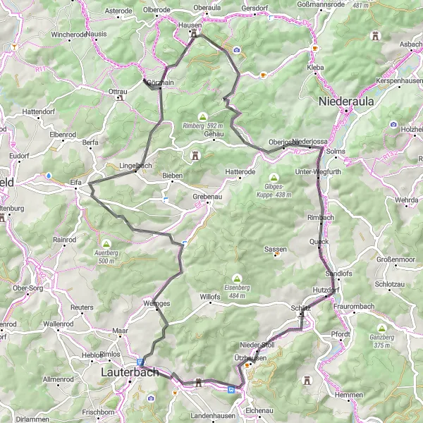 Map miniature of "Exploring the Heart of Vogelsberg" cycling inspiration in Kassel, Germany. Generated by Tarmacs.app cycling route planner