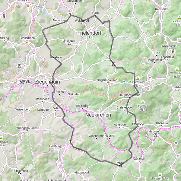 Map miniature of "The Road Cycling Experience around Ottrau" cycling inspiration in Kassel, Germany. Generated by Tarmacs.app cycling route planner