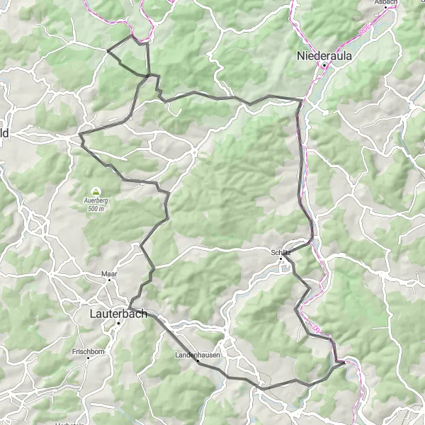 Map miniature of "The Challenging Road Adventure in Hesse" cycling inspiration in Kassel, Germany. Generated by Tarmacs.app cycling route planner