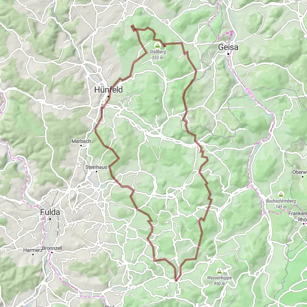 Map miniature of "Rugged Adventure" cycling inspiration in Kassel, Germany. Generated by Tarmacs.app cycling route planner