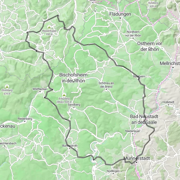 Map miniature of "Rhön Countryside Loop" cycling inspiration in Kassel, Germany. Generated by Tarmacs.app cycling route planner