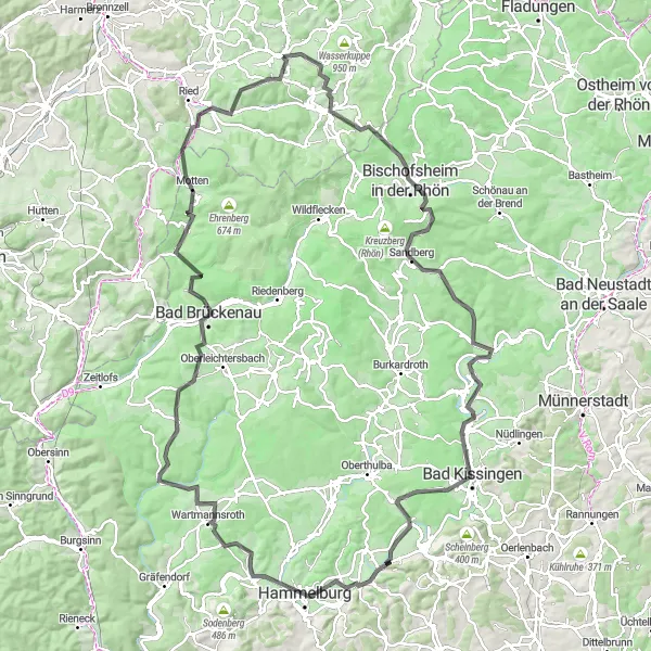 Map miniature of "Rhön Hills Adventure" cycling inspiration in Kassel, Germany. Generated by Tarmacs.app cycling route planner