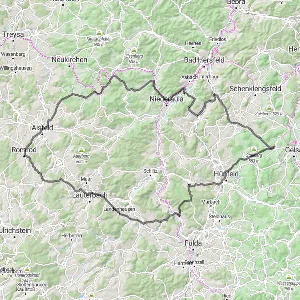 Karten-Miniaturansicht der Radinspiration "Rasdorf und die umliegenden Berge" in Kassel, Germany. Erstellt vom Tarmacs.app-Routenplaner für Radtouren