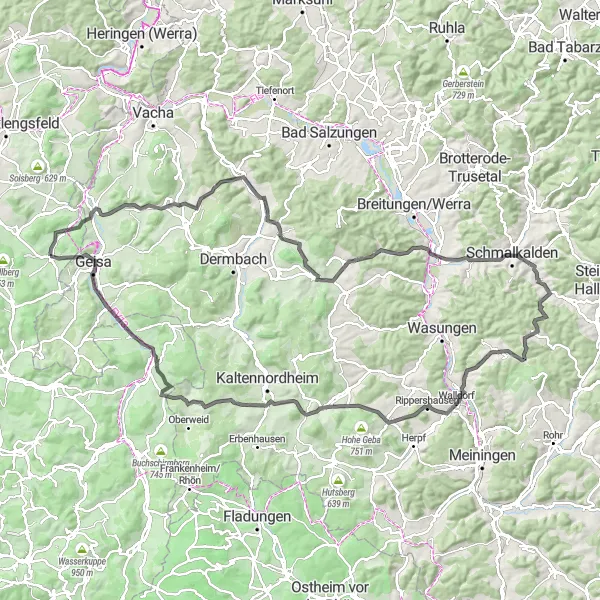 Map miniature of "Hills of Rasdorf" cycling inspiration in Kassel, Germany. Generated by Tarmacs.app cycling route planner