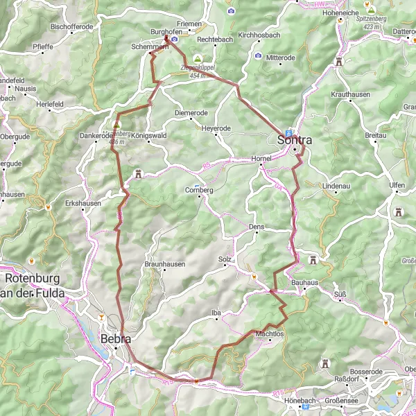 Karten-Miniaturansicht der Radinspiration "Rundkurs von Ronshausen zu Ziegenküppel" in Kassel, Germany. Erstellt vom Tarmacs.app-Routenplaner für Radtouren
