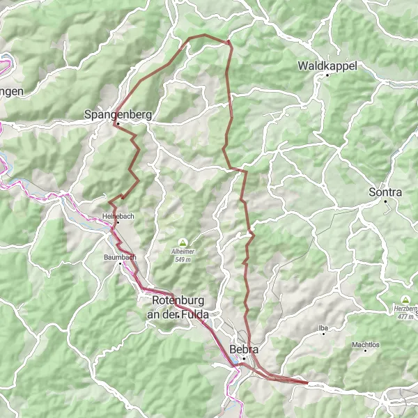 Map miniature of "Ronshausen to Bebra Circular Gravel Route" cycling inspiration in Kassel, Germany. Generated by Tarmacs.app cycling route planner