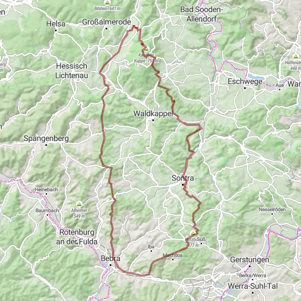 Map miniature of "Ronshausen to Hoheneiche Circular Gravel Route" cycling inspiration in Kassel, Germany. Generated by Tarmacs.app cycling route planner