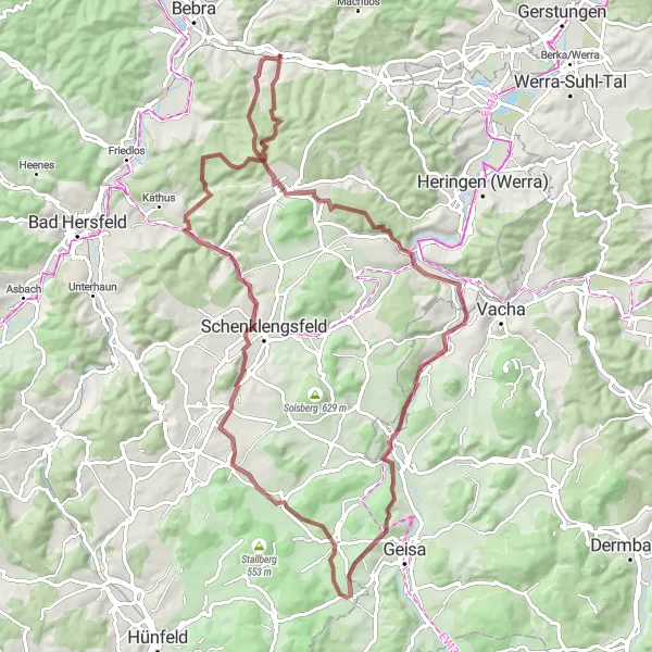 Map miniature of "Ronshausen - Toter Mann - Friedewald - Unterbreizbach - Standorfsberg - Rasdorf - Gehilfersberg - Schenklengsfeld - Roteberg - Ronshausen" cycling inspiration in Kassel, Germany. Generated by Tarmacs.app cycling route planner