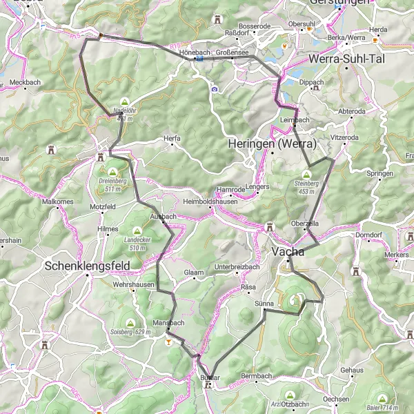 Karten-Miniaturansicht der Radinspiration "Die Hügelroute durch Nordhessen" in Kassel, Germany. Erstellt vom Tarmacs.app-Routenplaner für Radtouren