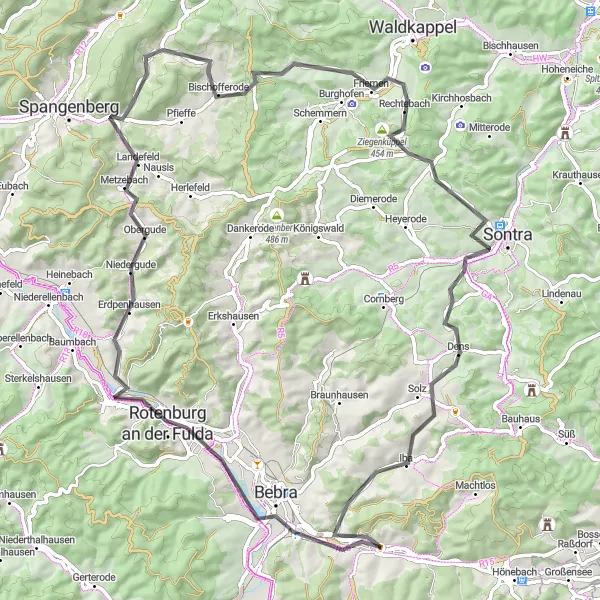 Karten-Miniaturansicht der Radinspiration "Rundtour von Ronshausen nach Rotenburg an der Fulda" in Kassel, Germany. Erstellt vom Tarmacs.app-Routenplaner für Radtouren