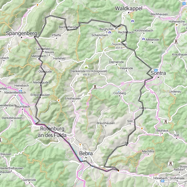 Map miniature of "Ronshausen to Rotenburg an der Fulda Circular Road Route" cycling inspiration in Kassel, Germany. Generated by Tarmacs.app cycling route planner