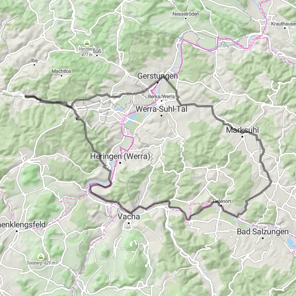 Map miniature of "Ronshausen - Heiligenberg - Gerstungen - Lohberg - Ettenhausen an der Suhl - Krayenberg - Vacha - Wölfershausen - Mahnmal Bodesruh - Kehlberg - Ronshausen" cycling inspiration in Kassel, Germany. Generated by Tarmacs.app cycling route planner