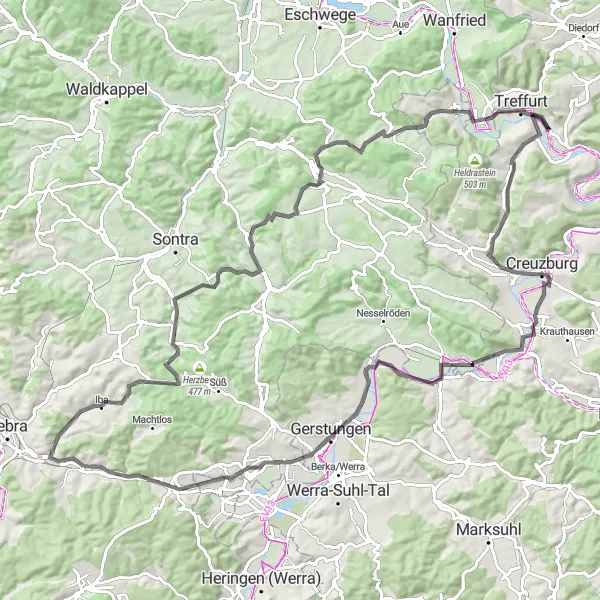 Karten-Miniaturansicht der Radinspiration "Straßenradtour durch Nordhessen" in Kassel, Germany. Erstellt vom Tarmacs.app-Routenplaner für Radtouren